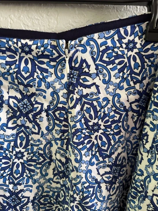 Milly Blue White Floral A-Line Skirt Size L Statement Midi Knee Length Cotton - Picture 6 of 11